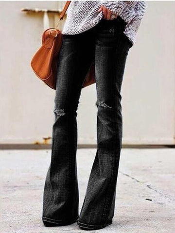Woochic jeans longue bootcut évasé avec poches genou déchiré mode femme denim pantalons Noir XS